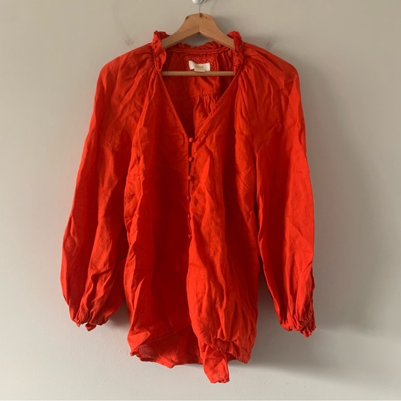Maeve Anthropologie Audie Blouse Womens Small 100% Linen Orange Long Sleeve Boho - Picture 1 of 13
